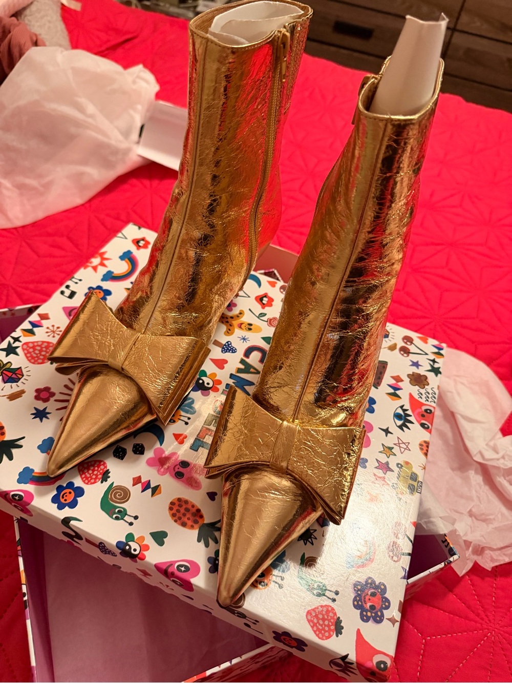 Jeffrey Campbell Metallic Gold Pointed Toe Bow Ankle Boots